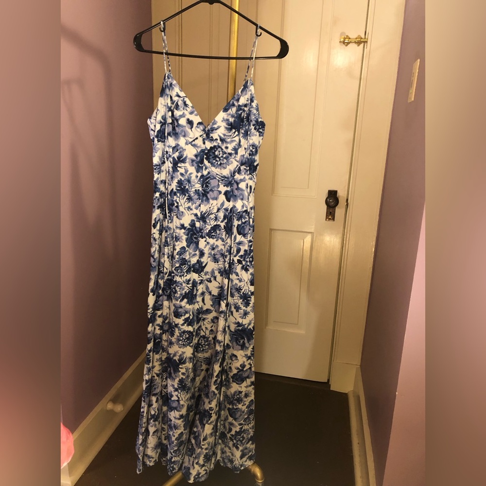 Abercrombie & Fitch Strappy Plunge Corset Maxi Dress—Blue-and-White Flowers
